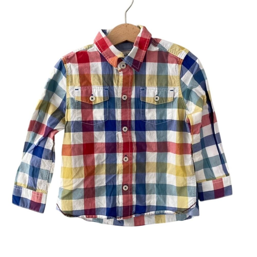 Mini Boden Rainbow Plaid Checkered Button Down Shirt - Red Blue Yellow Green 2-3